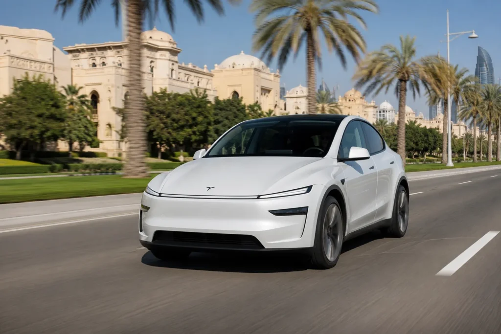 سيارة Tesla Model Y أثناء القيادة في إحدى المدن