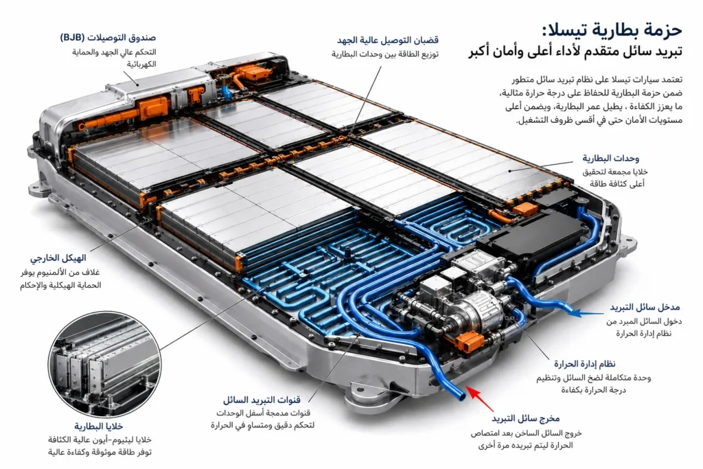 رسم توضيحي يشرح نظام إدارة وتبريد بطارية سيارات Tesla