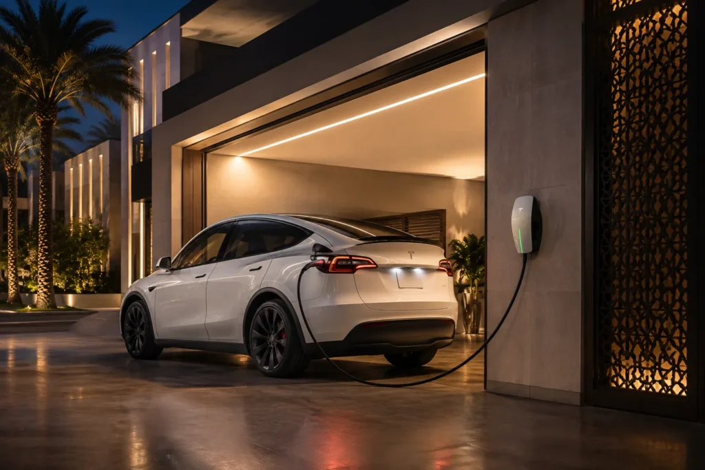 شحن سيارة Tesla في المنزل باستخدام شاحن جداري مخصص