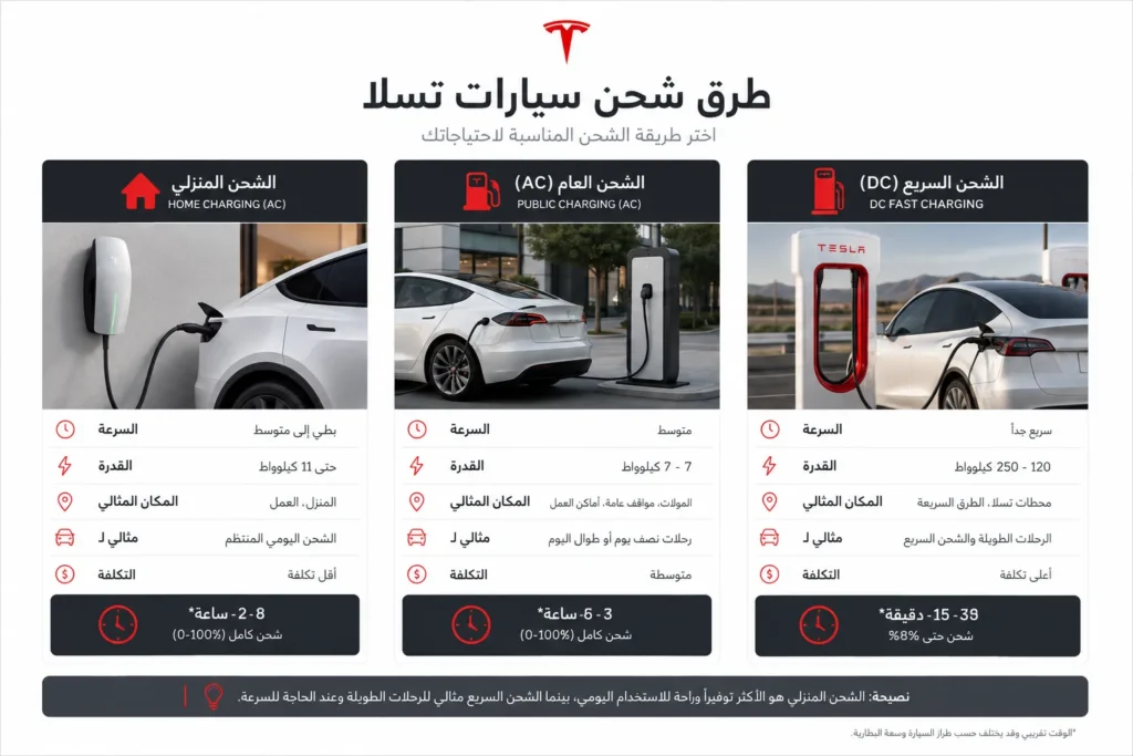 مقارنة بين الشحن المنزلي والشحن العام والشحن السريع لسيارات Tesla
