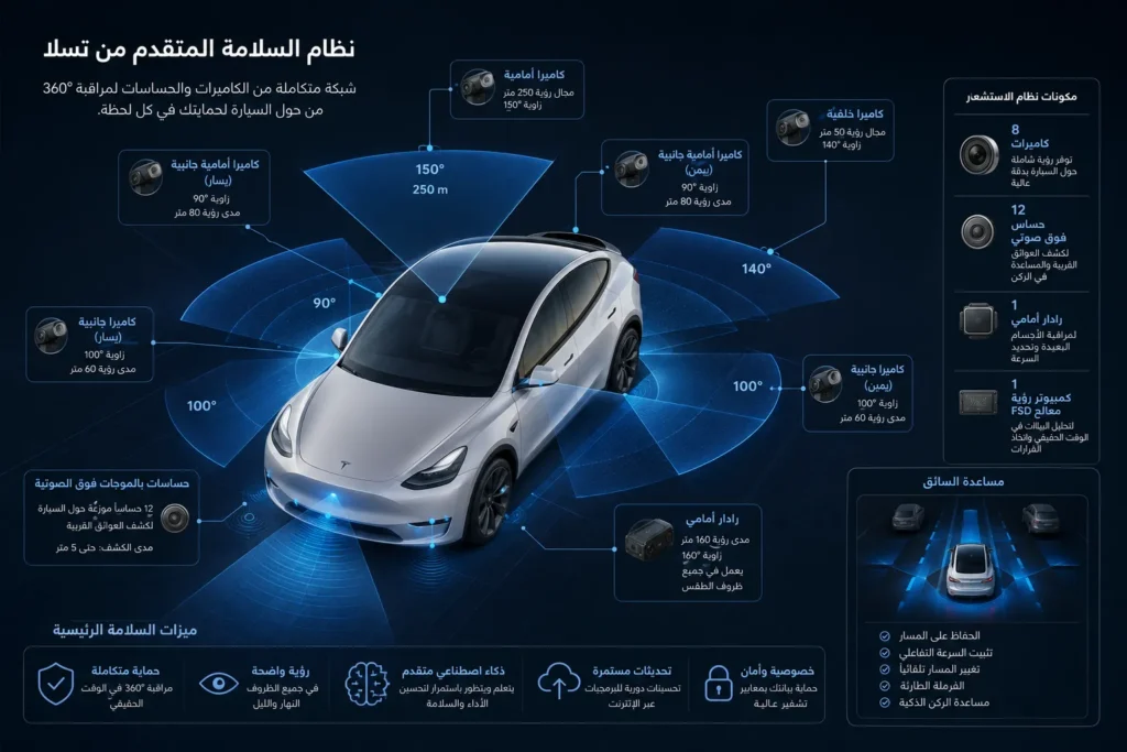مخطط يوضح أنظمة الأمان والكاميرات المحيطة في سيارات Tesla