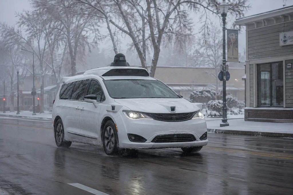 سيارة Waymo Ojai ذاتية القيادة أثناء القيادة في طقس شتوي ضبابي