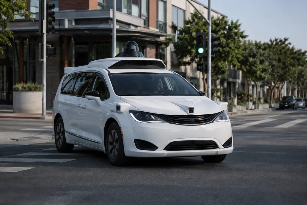 سيارة Waymo Ojai الكهربائية ذاتية القيادة في شارع حضري أمريكي