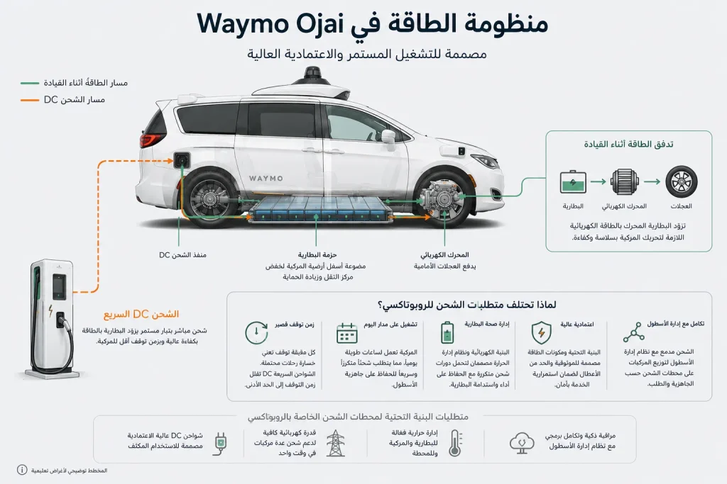 مخطط يوضح البطارية ونظام الشحن في Waymo Ojai الكهربائية