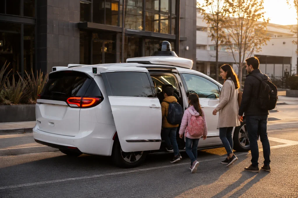 عائلة من أربعة أشخاص تستعد لركوب سيارة Waymo Ojai