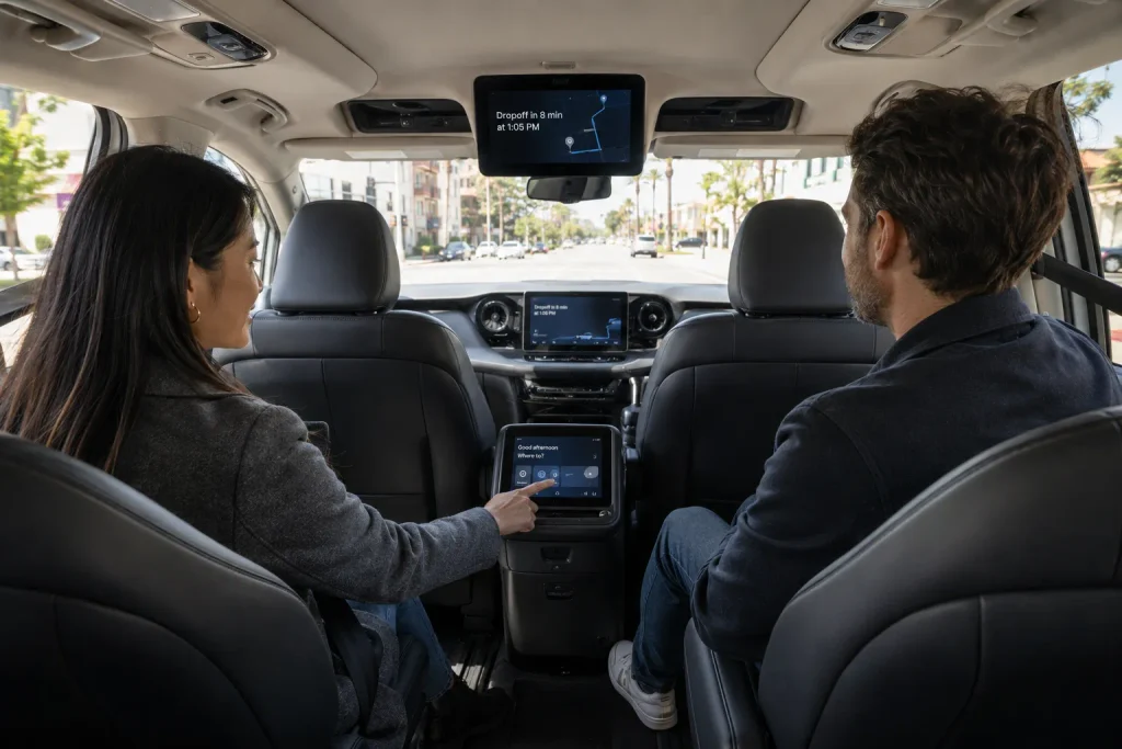 ركاب داخل مقصورة سيارة Waymo Ojai ذاتية القيادة