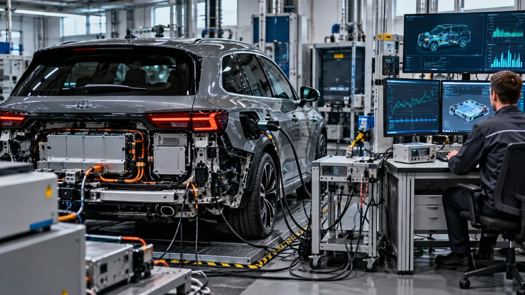 اختبار تشخيصي لبطارية سيارة PHEV داخل مختبر متخصص لقياس حالتها
