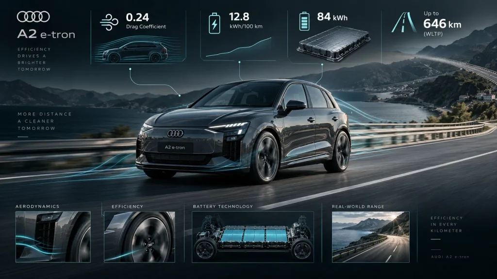 إنفوجرافيك يشرح مدى أودي A2 e-tron الذي يصل إلى 646 كم وكفاءة استهلاك الطاقة