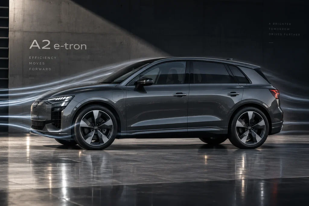 الجانب الخارجي لأودي A2 e-tron الذي يبرز تصميمها الانسيابي وكفاءتها الهوائية