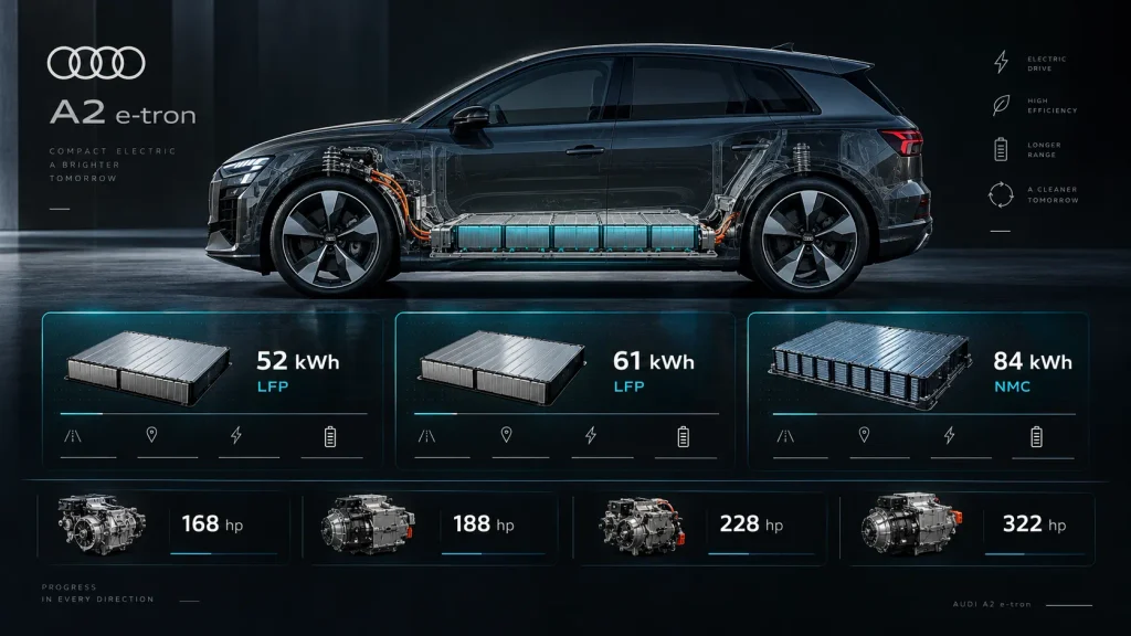 إنفوجرافيك يوضح خيارات البطارية ومستويات الأداء في أودي A2 e-tron