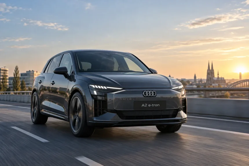 أودي A2 e-tron الكهربائية الجديدة في لقطة أمامية جانبية على طريق سريع