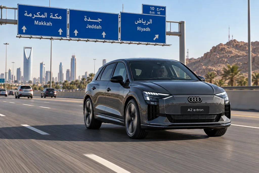 أودي A2 e-tron الكهربائية أثناء القيادة على طريق سريع في أجواء حارة بالشرق الأوسط
