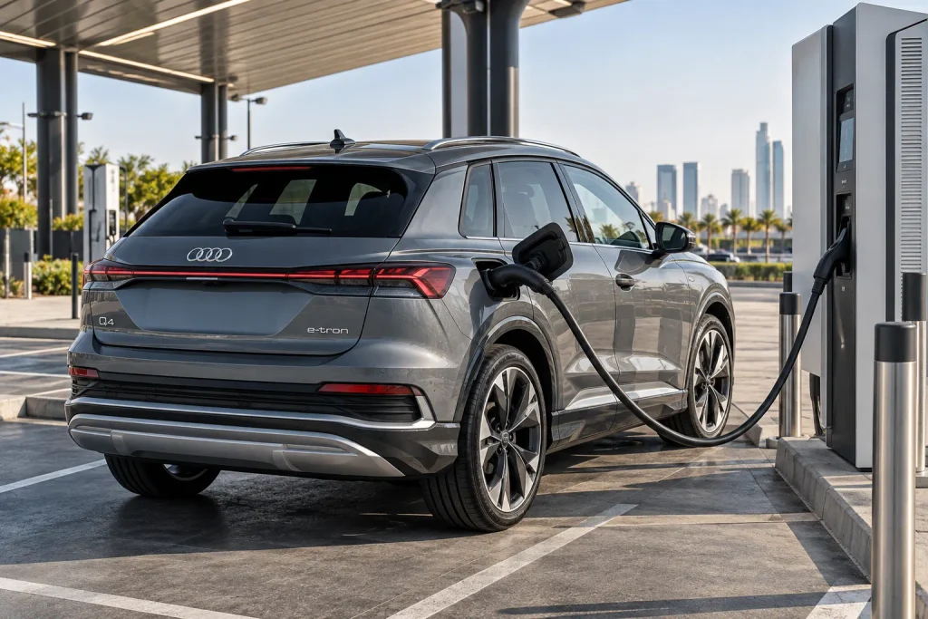 Audi Q4 e-tron متصلة بمحطة شحن سريع DC