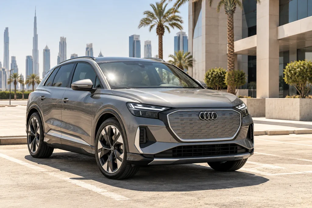 Audi Q4 e-tron متوقفة في أجواء صيفية حارة بالخليج