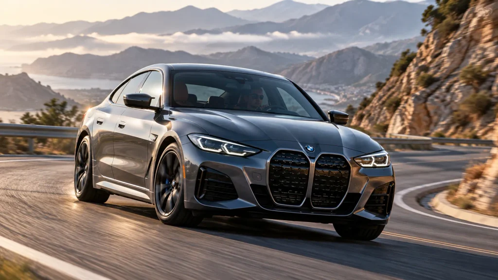 BMW i4 الكهربائية أثناء القيادة على طريق جبلي متعرج