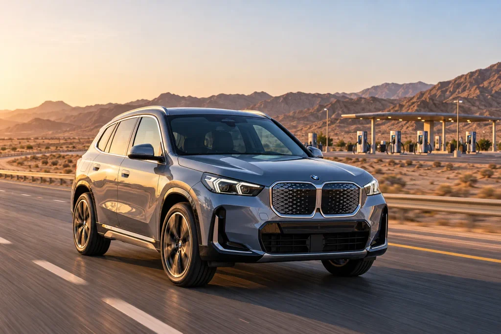 BMW iX1 في رحلة طويلة على طريق سريع مع محطة شحن للسيارات الكهربائية