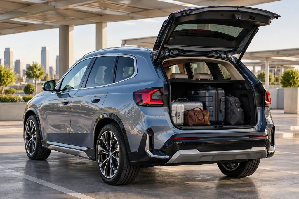 BMW iX1 مع فتح صندوق الأمتعة لإظهار مساحة التخزين والاستخدام العائلي