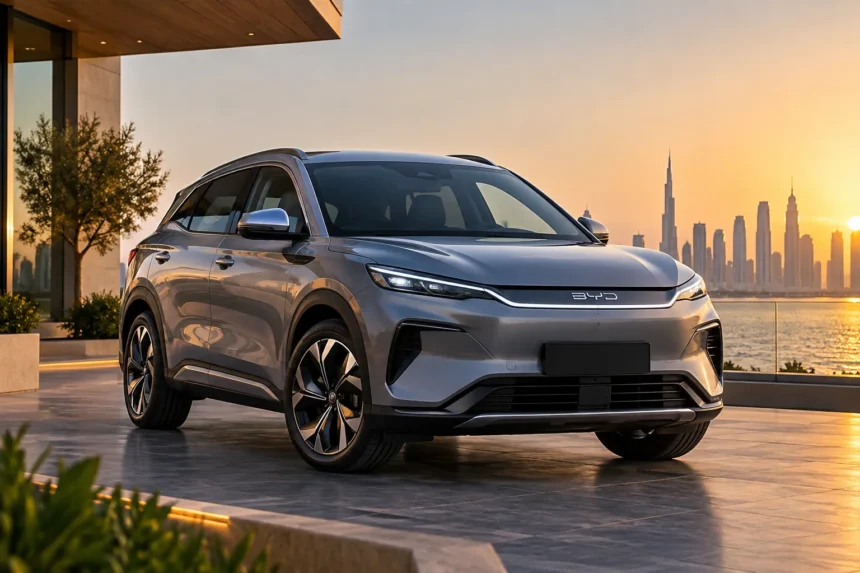BYD Atto 3 EVO بلون فضي في مشهد حضري عصري وقت الغروب