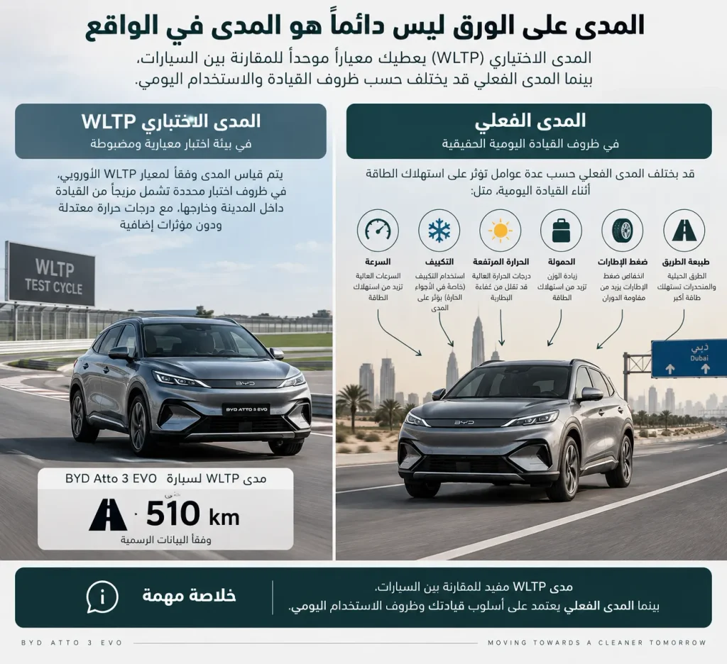 إنفوجرافيك يوضح العوامل المؤثرة في مدى BYD Atto 3 EVO