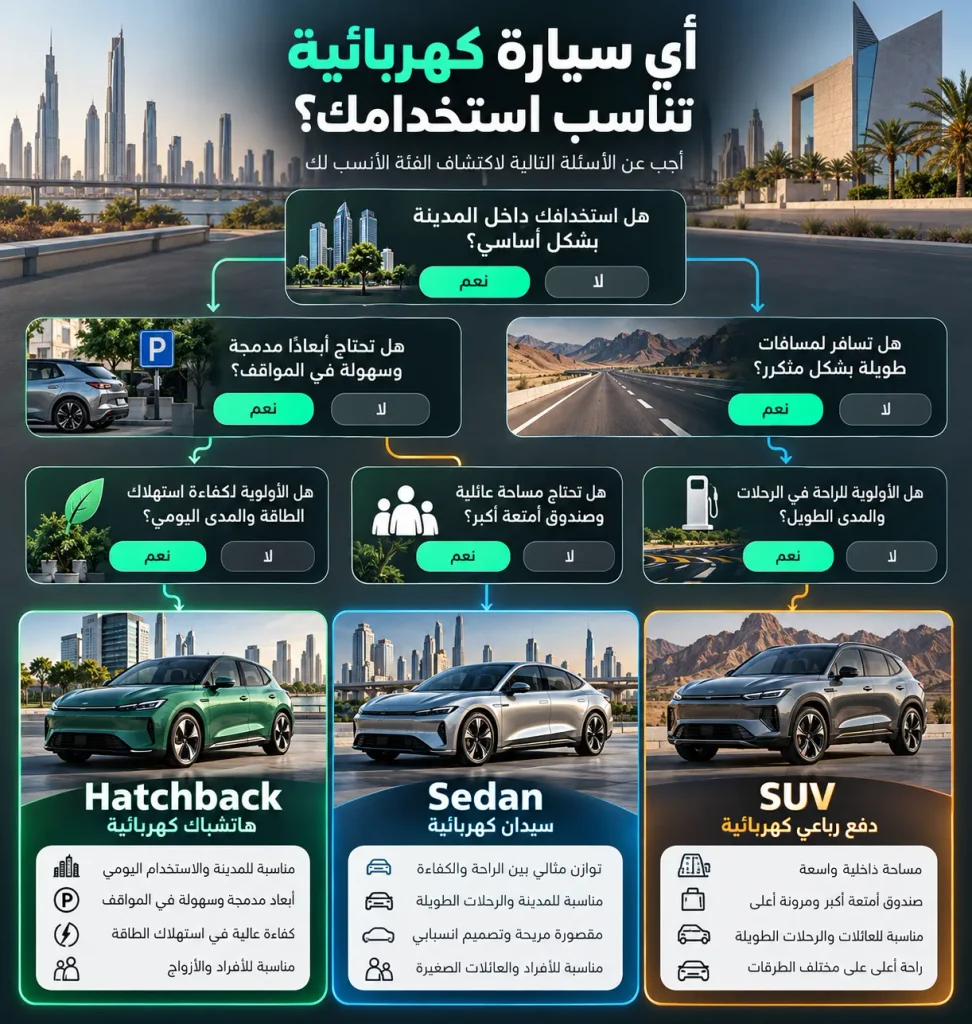 مخطط يساعد على اختيار SUV أو سيدان أو هاتشباك كهربائية حسب الاستخدام