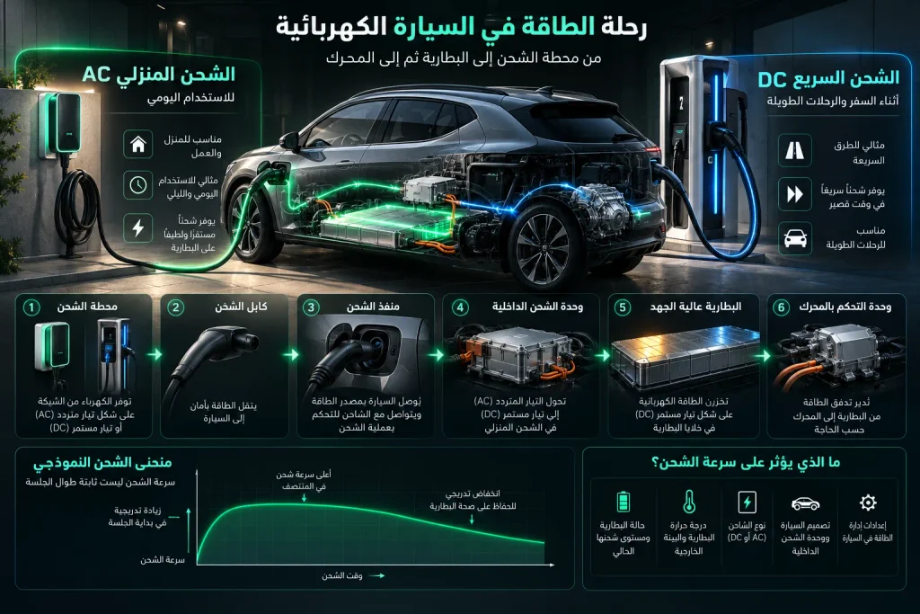 مخطط يوضح الفرق بين شحن السيارة الكهربائية AC والشحن السريع DC