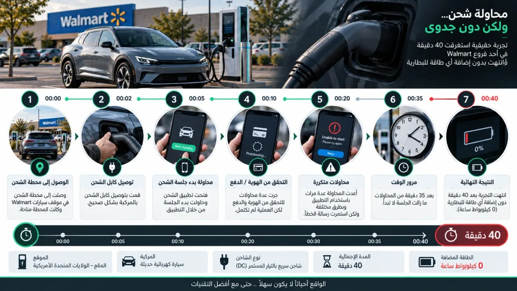 مخطط يوضح مراحل فشل شحن سيارة كهربائية خلال 40 دقيقة من المحاولات