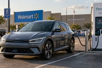 سيارة كهربائية متوقفة أمام شاحن سريع في موقف Walmart بعد فشل عملية الشحن