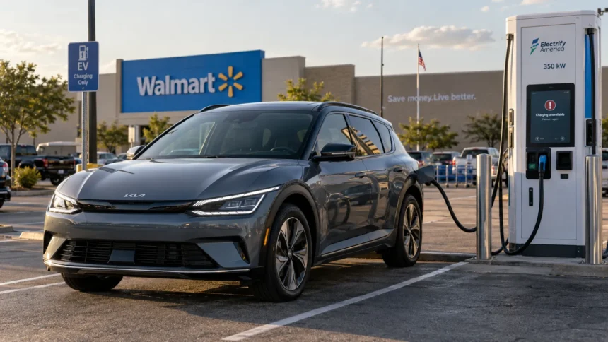 سيارة كهربائية متوقفة أمام شاحن سريع في موقف Walmart بعد فشل عملية الشحن