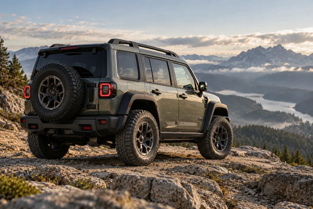 التصميم الخارجي الصندوقي لسيارة Jeep Recon مع الإطارات الكبيرة والعجلة الاحتياطية