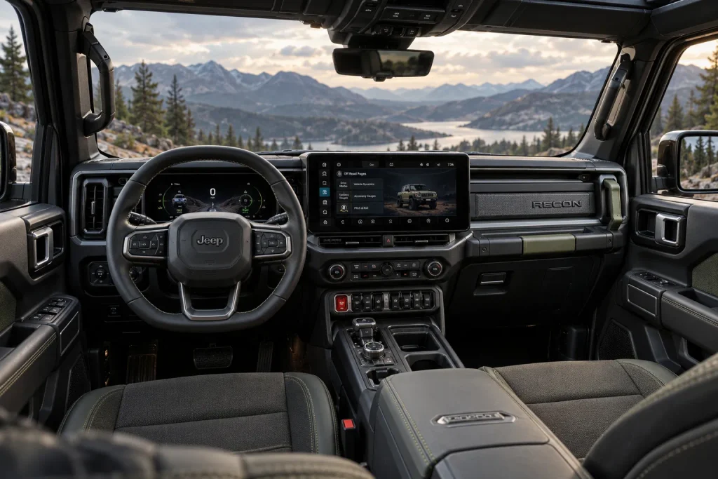 مقصورة Jeep Recon مع شاشة Uconnect والعدادات الرقمية ومفاتيح القيادة على الطرق الوعرة