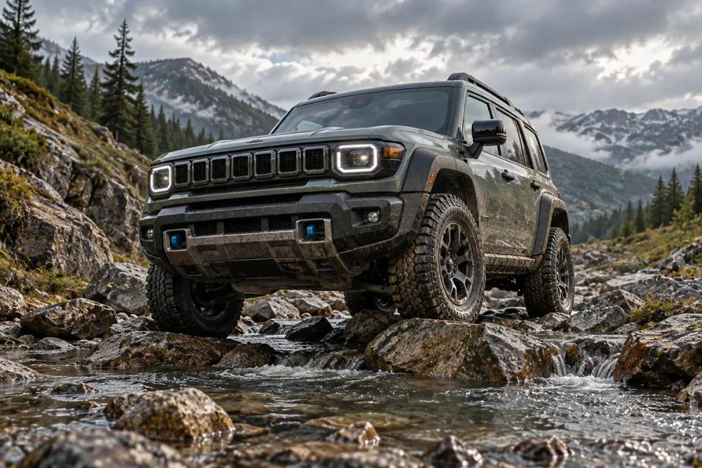 Jeep Recon الكهربائية أثناء اجتياز الصخور والمياه على مسار للطرق الوعرة