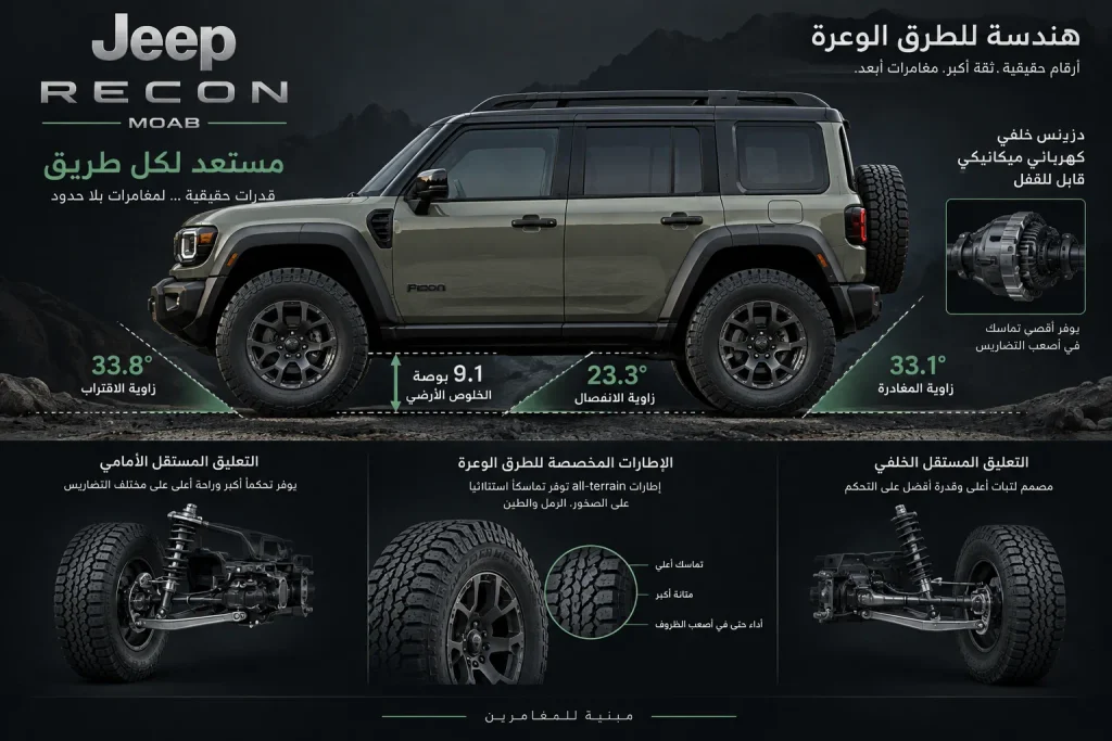 إنفوجرافيك يوضح خلوص Jeep Recon وزوايا الاقتراب والمغادرة والانفصال