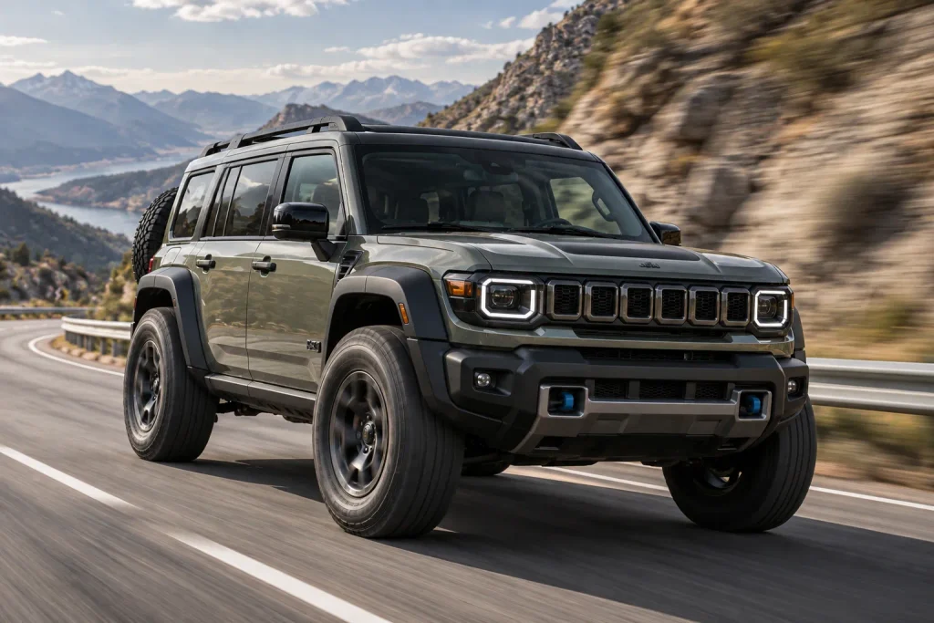 Jeep Recon أثناء القيادة على طريق سريع جبلي مع إطارات مخصصة للطرق الوعرة