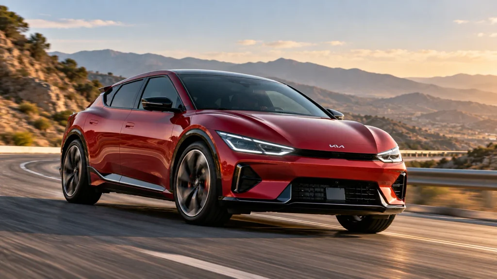 Kia EV6 الكهربائية أثناء القيادة على طريق مفتوح