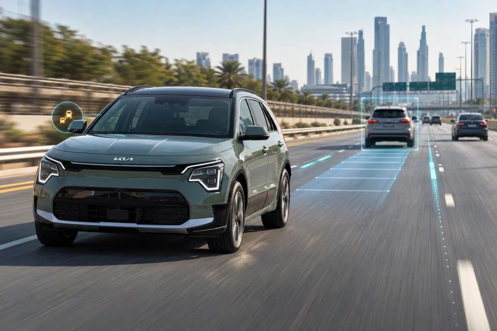 Kia Niro EV أثناء القيادة مع توضيح أنظمة مساعدة السائق