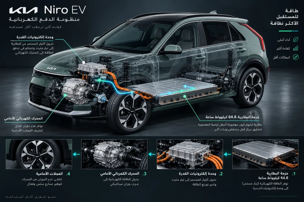 رسم توضيحي لمنظومة الدفع الكهربائي وبطارية Kia Niro EV