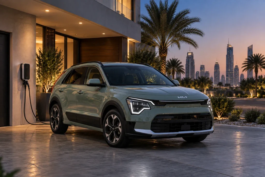 Kia Niro EV متصلة بشاحن منزلي أمام منزل عصري في أجواء خليجية