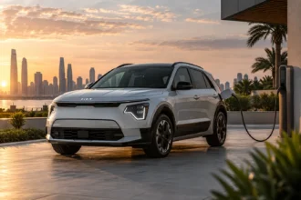 Kia Niro EV متوقفة أمام منزل عصري ومتصلة بشاحن كهربائي في أجواء خليجية