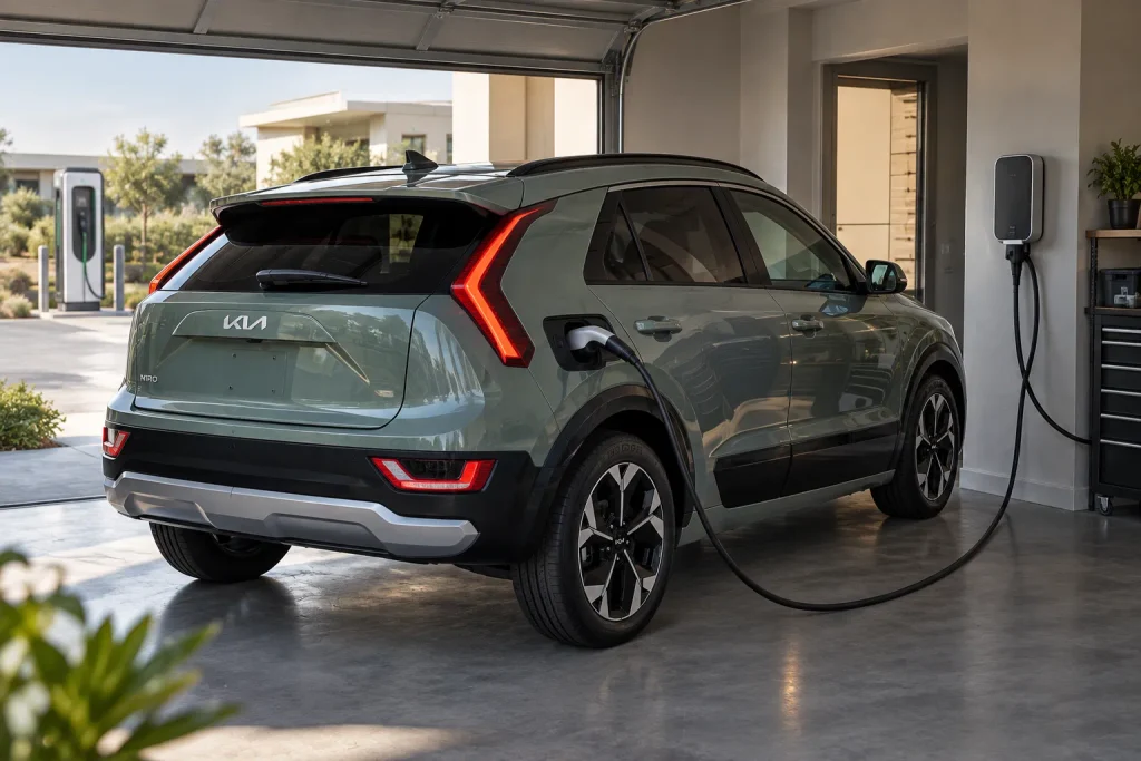 Kia Niro EV متصلة بشاحن كهربائي منزلي مع توضيح مفهوم الشحن AC وDC