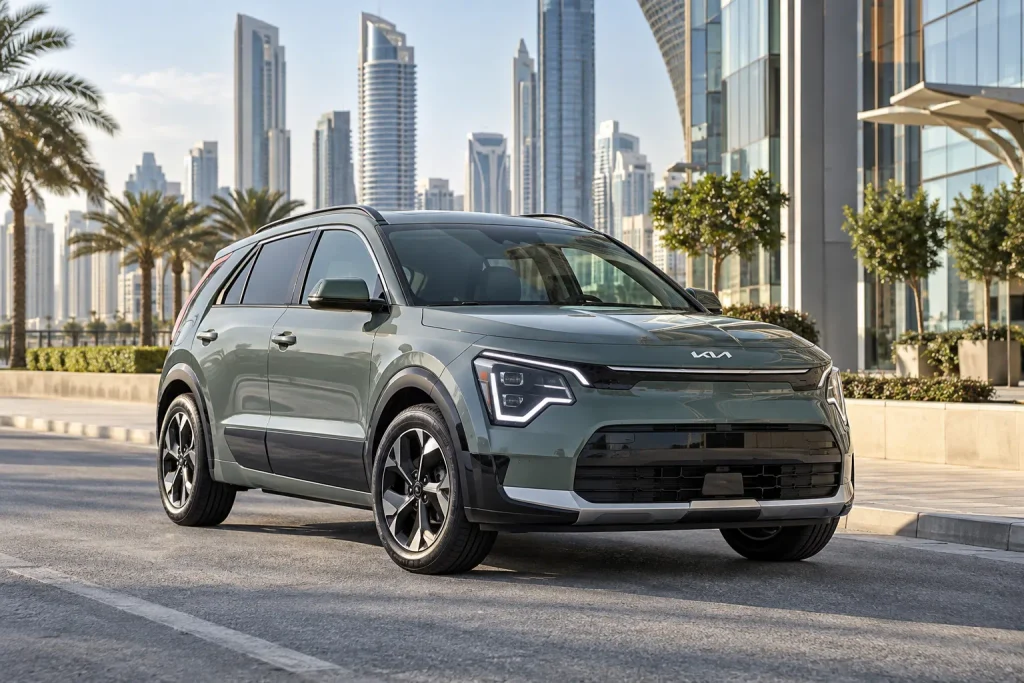 Kia Niro EV متوقفة على طريق سريع في أجواء خليجية