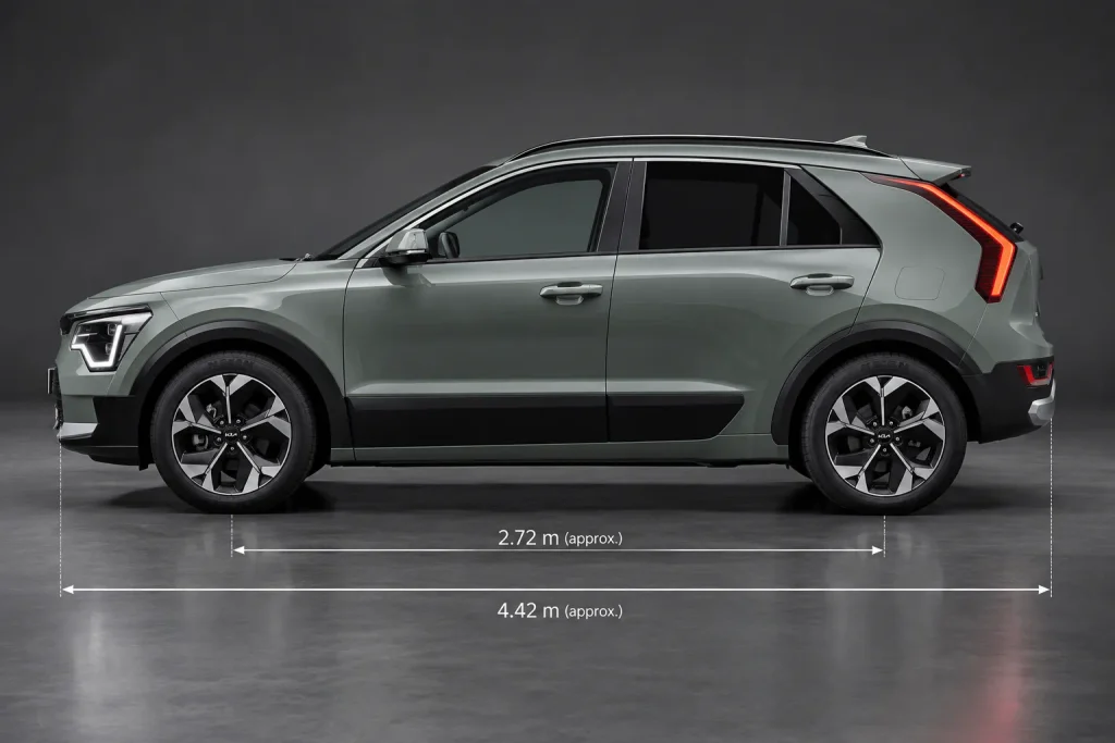 Kia Niro EV من الجانب مع توضيح أبعاد السيارة وقاعدة العجلات