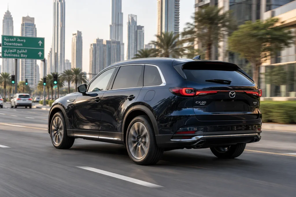 مازدا CX-90 PHEV أثناء القيادة داخل المدينة لتوضيح استخدامها اليومي ومدى القيادة الكهربائية