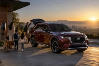 مازدا CX-90 PHEV مع عائلة بجانب السيارة أثناء الاستعداد لرحلة