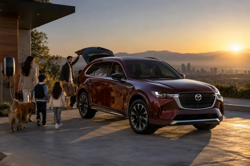 مازدا CX-90 PHEV مع عائلة بجانب السيارة أثناء الاستعداد لرحلة
