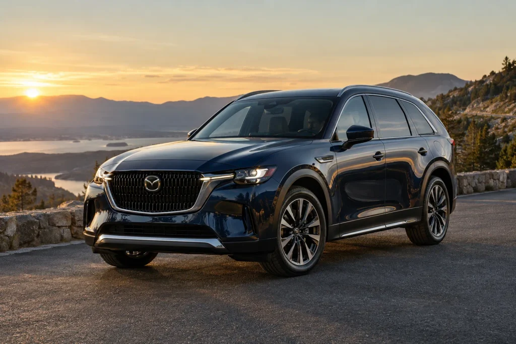 منظر جانبي أمامي لسيارة مازدا CX-90 PHEV يبرز تصميمها وحجمها كسيارة SUV عائلية