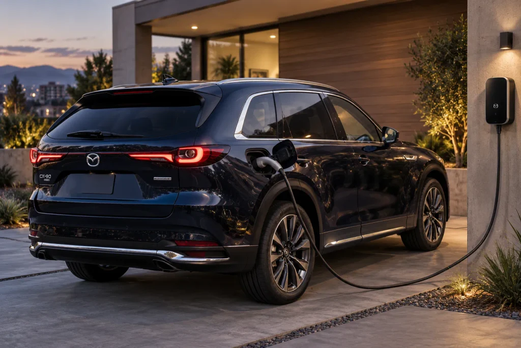 مازدا CX-90 PHEV متصلة بالشاحن المنزلي لتوضيح أهمية الشحن المنتظم في السيارات الهجينة القابلة للشحن