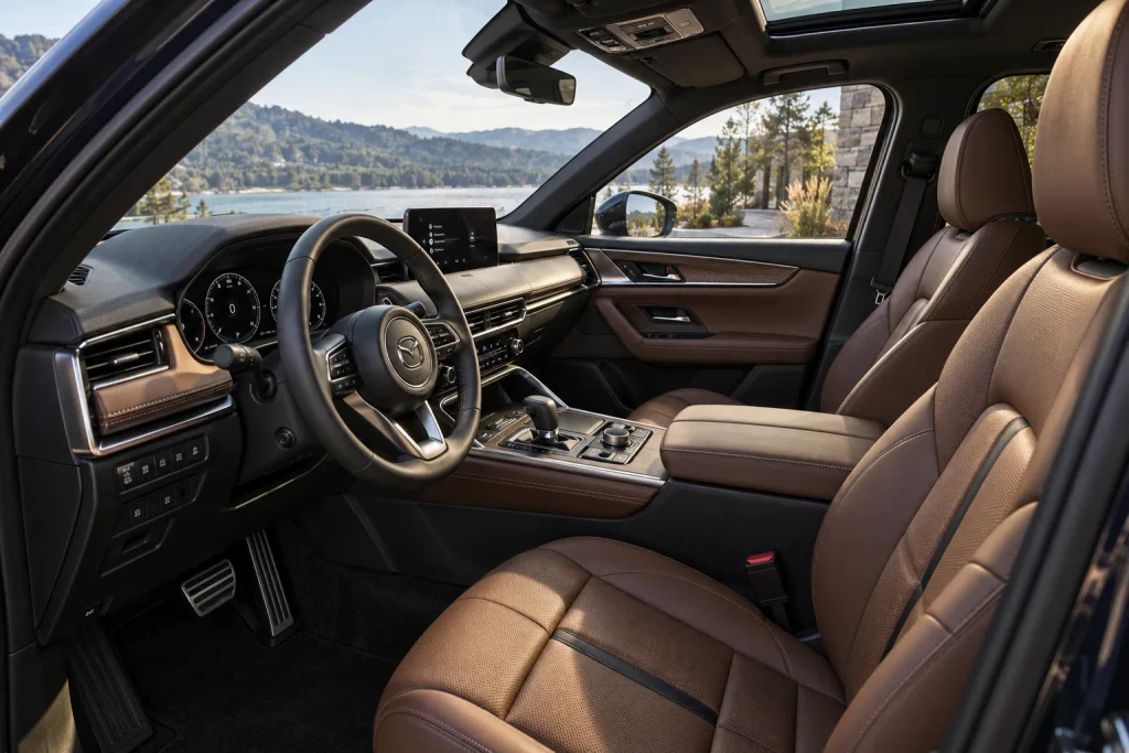 المقصورة الداخلية الفاخرة في مازدا CX-90 PHEV مع مقاعد جلدية ووحدة تحكم دوارة وأزرار فعلية