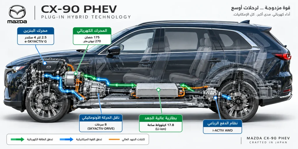 رسم توضيحي يشرح منظومة الهجين القابل للشحن في مازدا CX-90 PHEV ومكونات المحرك والبطارية