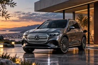 مرسيدس GLC 400 الكهربائية أمام منزل عصري مع شاحن كهربائي