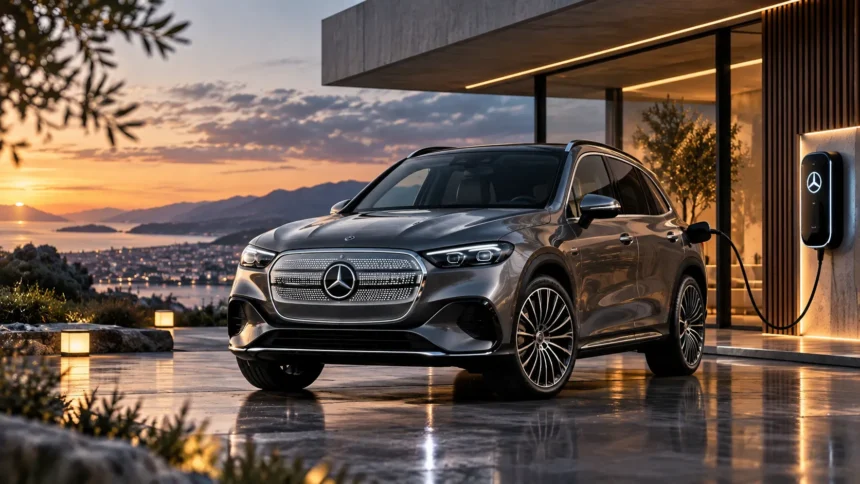 مرسيدس GLC 400 الكهربائية أمام منزل عصري مع شاحن كهربائي